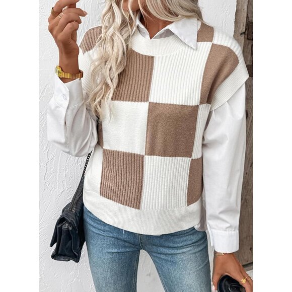 Short Sleeve Sweater for Women Crewneck Color Block Knit Tops 2026 Spring Trendy - Picture 4 of 5